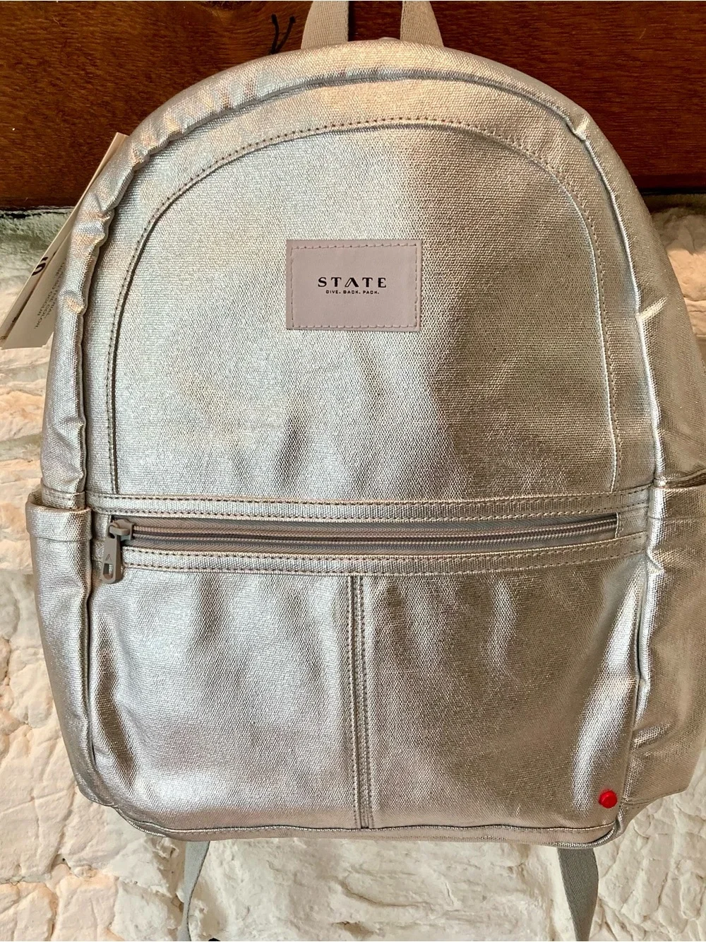 NWT STATE Bags Kane Kids Backpack in a shimmering silver metallic color